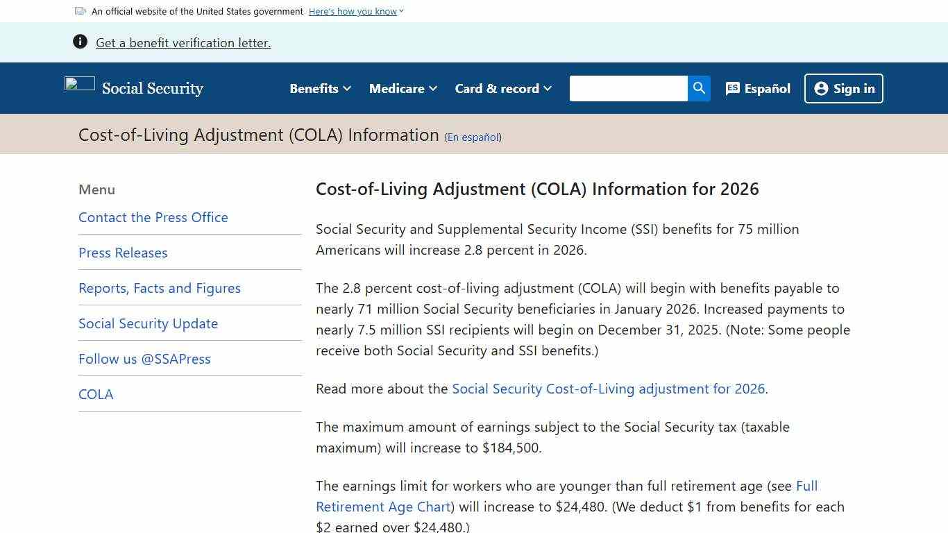Cost-of-Living Adjustment (COLA) Information News SSA